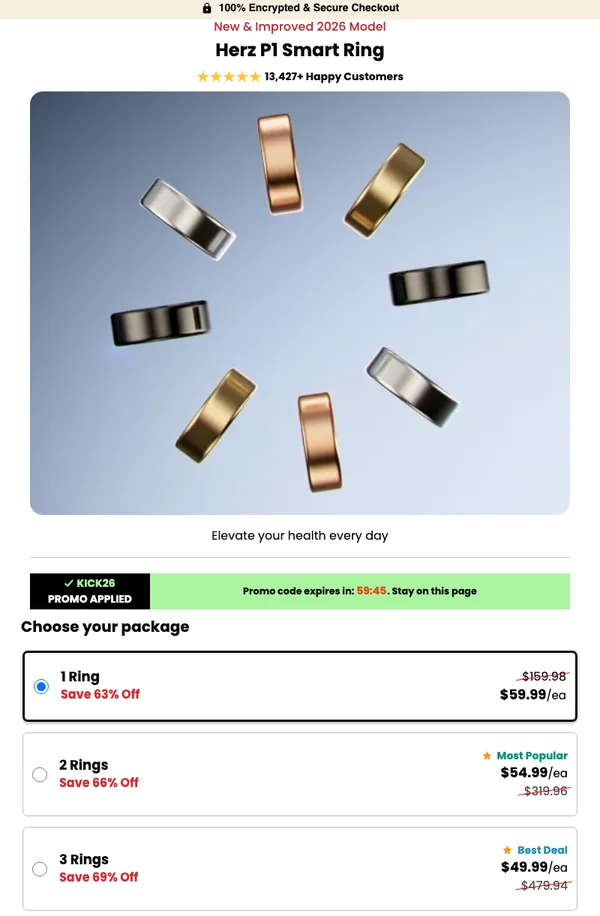 Herz P1 Smart Ring official secure checkout page with package selection