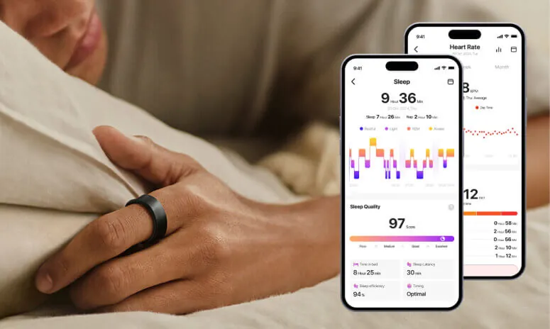 Herz P1 app showing sleep quality score and heart rate reports