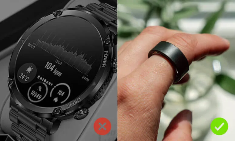 Bulky smartwatch compared with the slim Herz P1 Smart Ring on a finger
